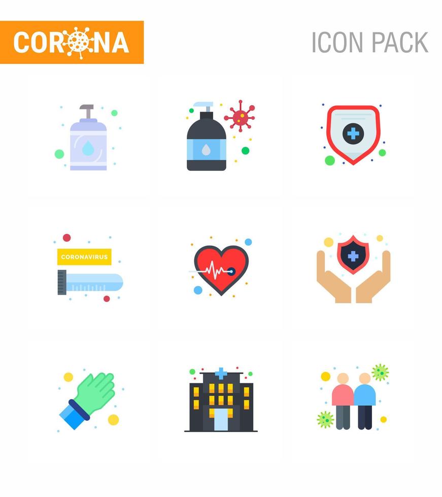Corona virus disease 9 Flat Color icon pack suck as  pulse beat health insurance virus blood test viral coronavirus 2019nov disease Vector Design Elements
