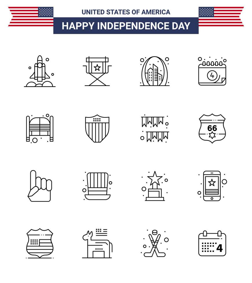 4th July USA Happy Independence Day Icon Symbols Group of 16 Modern Lines of date american star usa gate Editable USA Day Vector Design Elements