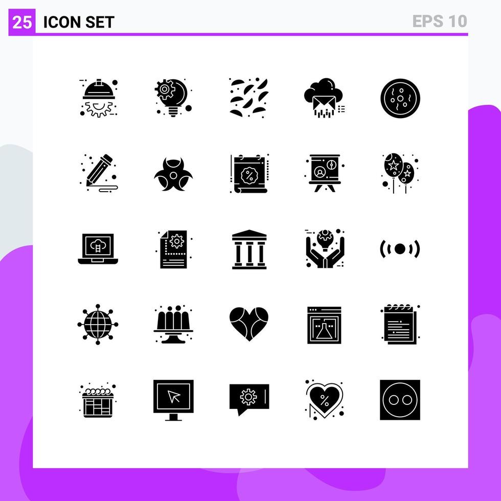 Editable Vector Line Pack of 25 Simple Solid Glyphs of petri chemistry fried message email Editable Vector Design Elements