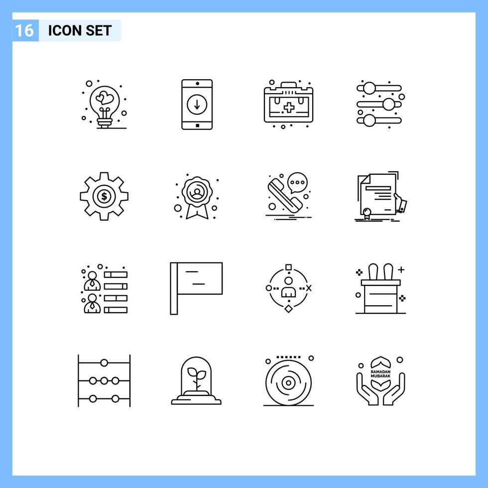 Modern Set of 16 Outlines and symbols such as dollar wheel arrow cog adjust Editable Vector Design Elements