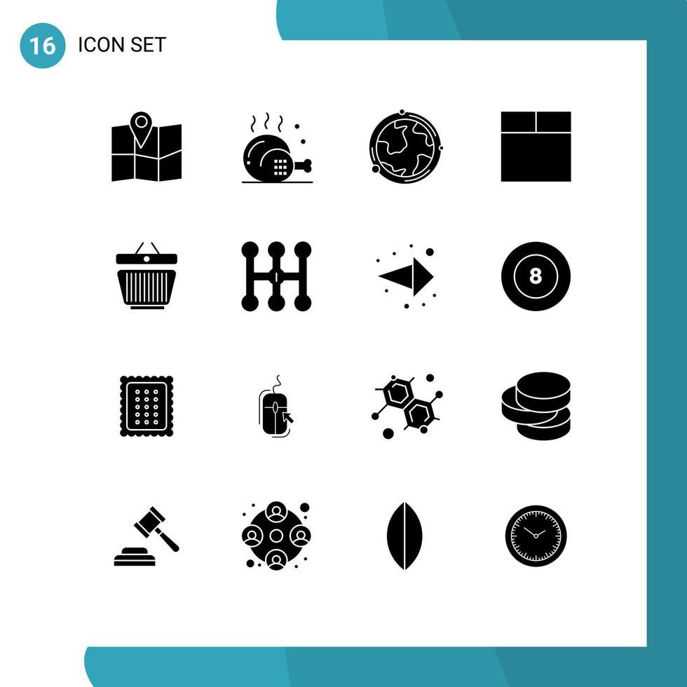 Set of 16 Commercial Solid Glyphs pack for shopping basket earth wireframe discovery Editable Vector Design Elements