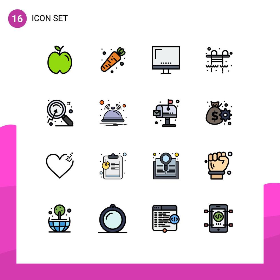 16 Thematic Vector Flat Color Filled Lines and Editable Symbols of research magnify devices swimming pool city Editable Creative Vector Design Elements