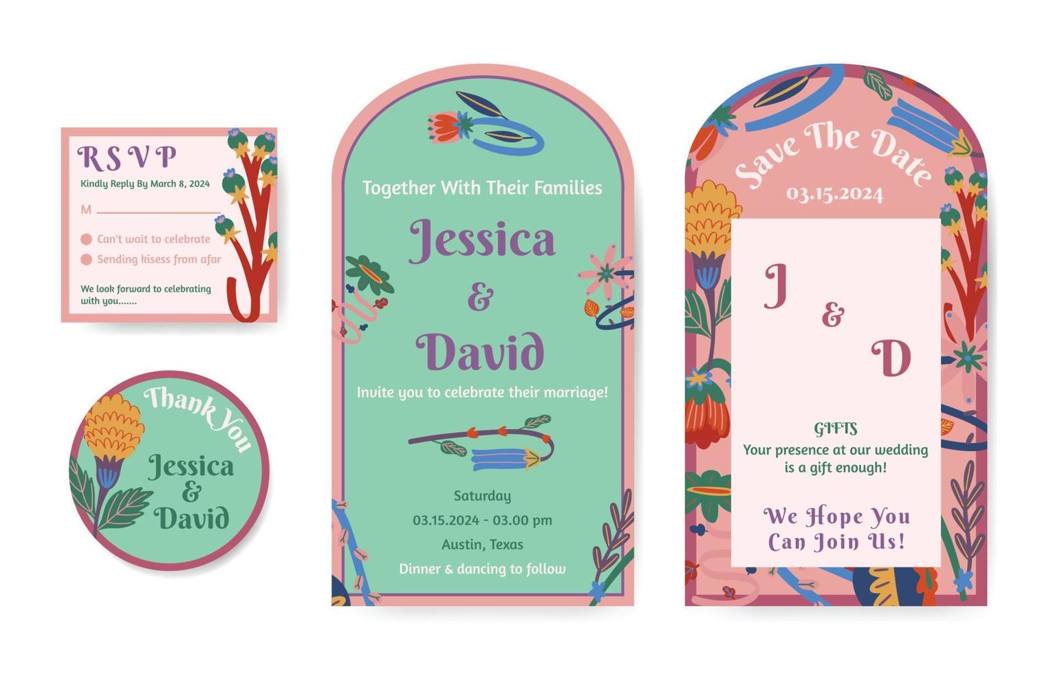 conjunto de invitación de boda de formas de flores coloridas vector