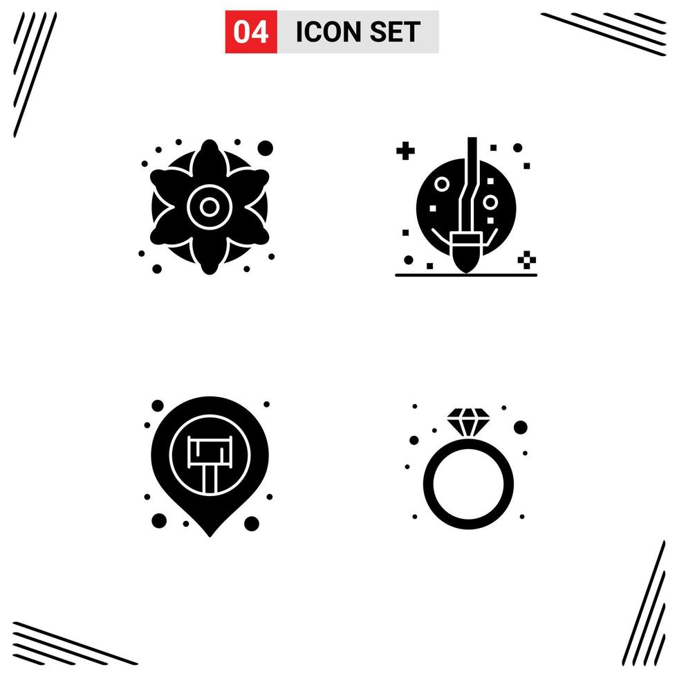 Modern Set of 4 Solid Glyphs and symbols such as colorful flowers map generic flower moon map pin Editable Vector Design Elements