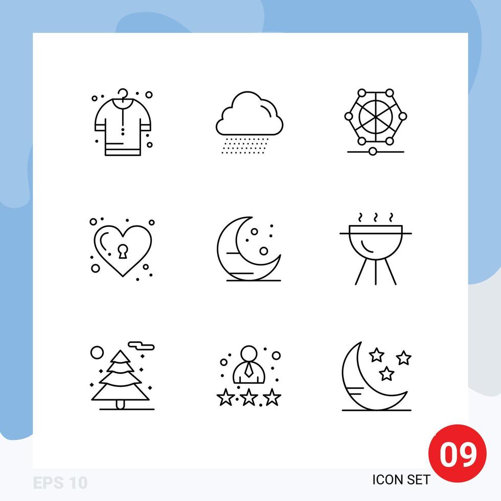 Modern Set of 9 Outlines Pictograph of barbecue moon language farming love Editable Vector Design Elements