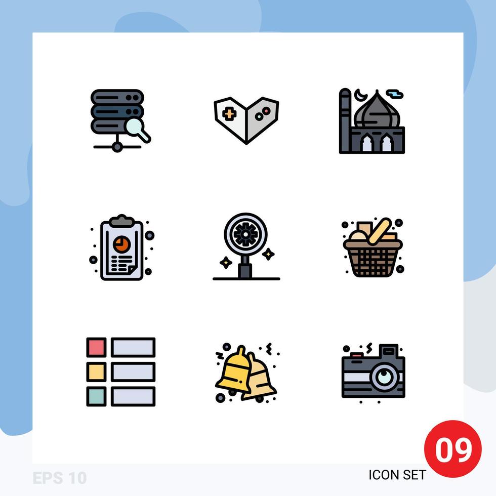 Group of 9 Modern Filledline Flat Colors Set for gear search islam graph analytics Editable Vector Design Elements