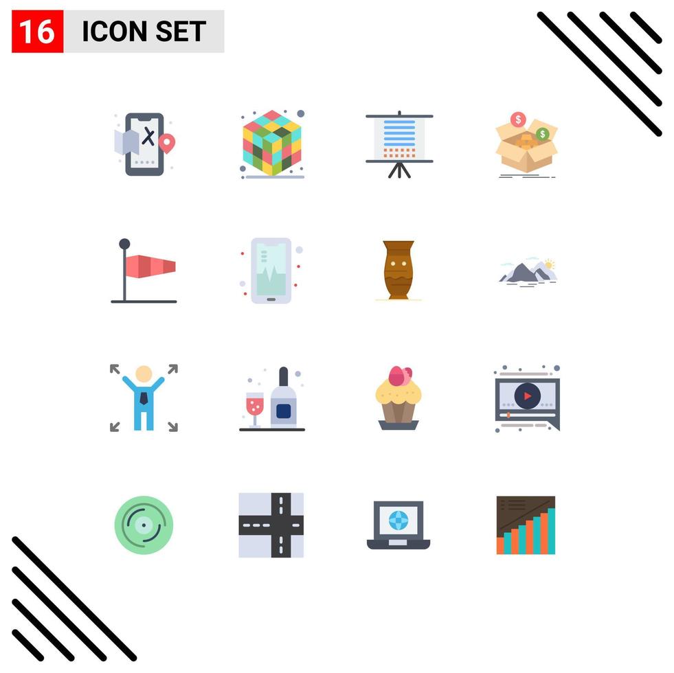 16 Universal Flat Color Signs Symbols of blow growth data money box Editable Pack of Creative Vector Design Elements