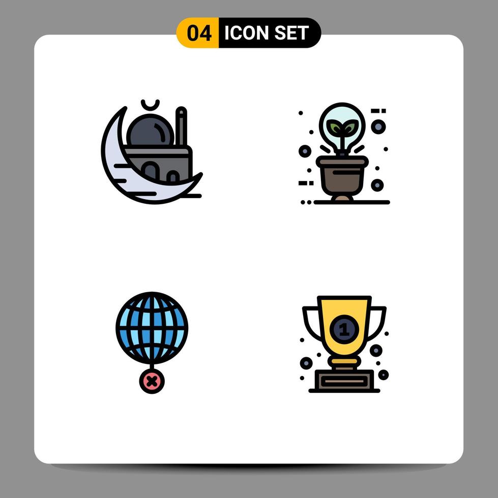 4 User Interface Filledline Flat Color Pack of modern Signs and Symbols of crescent light mosque bulb global Editable Vector Design Elements