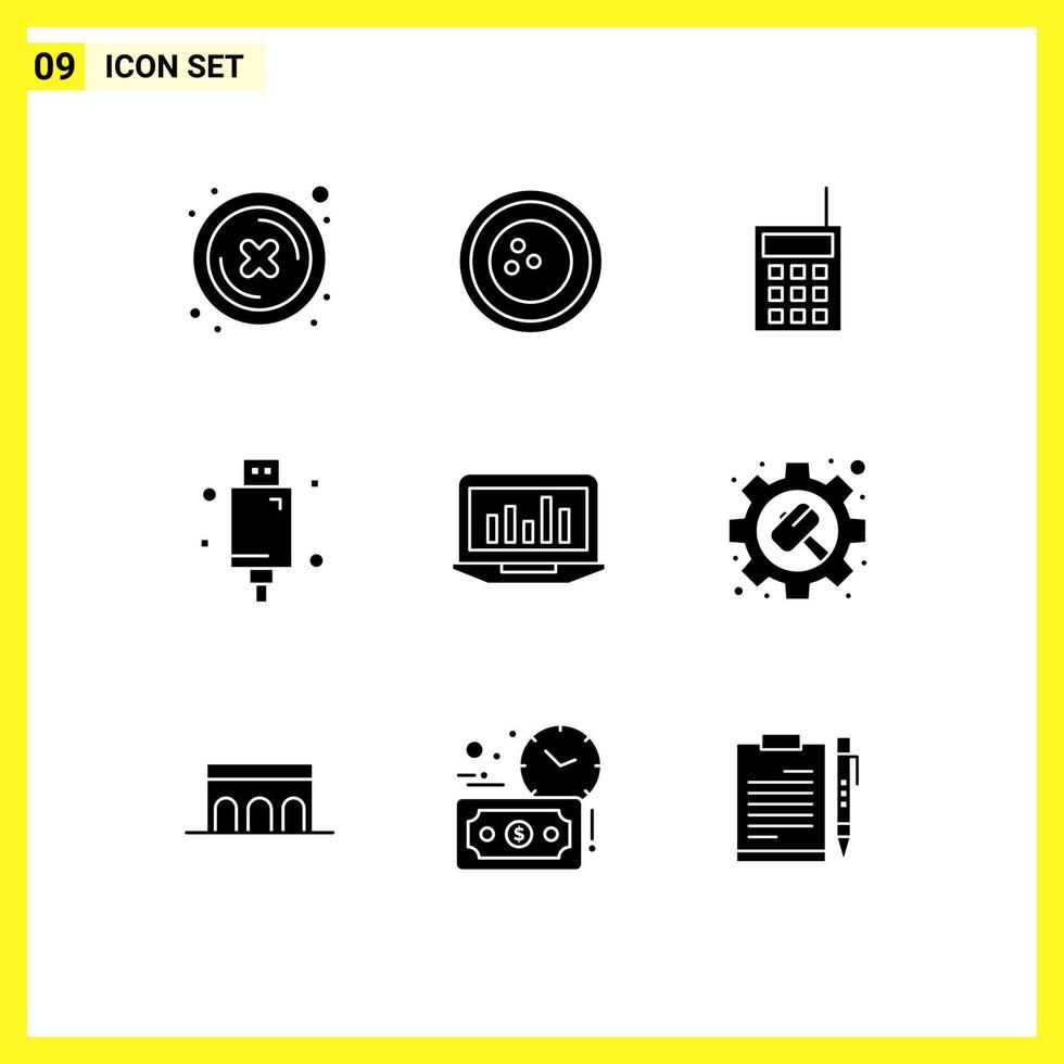 Modern Set of 9 Solid Glyphs Pictograph of electronic devices sports cable talkie Editable Vector Design Elements