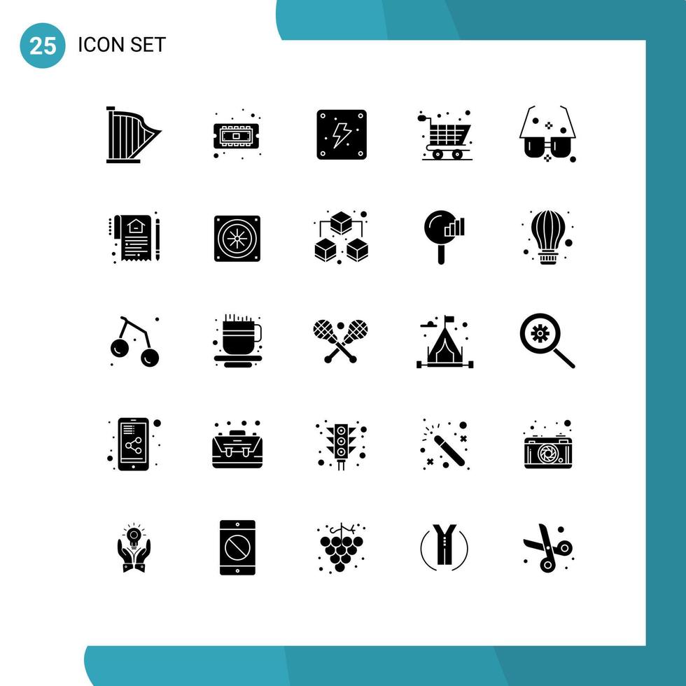 Pictogram Set of 25 Simple Solid Glyphs of summer eyeglasses hardware shopping cart Editable Vector Design Elements