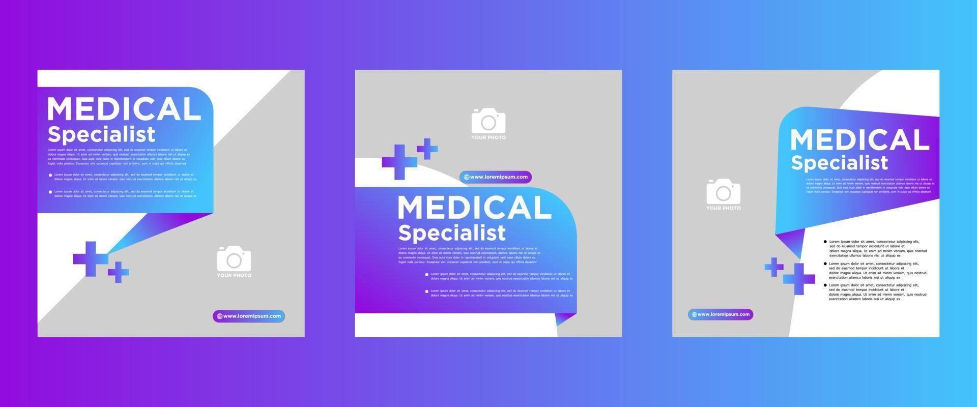 diseño de plantilla de banner cuadrado médico y sanitario. fondo blanco con formas. perfecto para publicaciones en redes sociales y anuncios web. vector