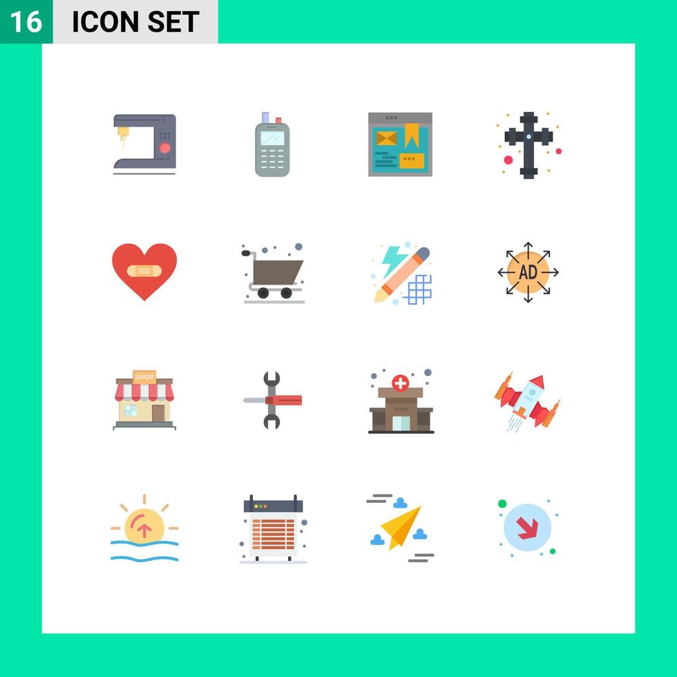 Group of 16 Flat Colors Signs and Symbols for heart hurt layout cross celebration Editable Pack of Creative Vector Design Elements