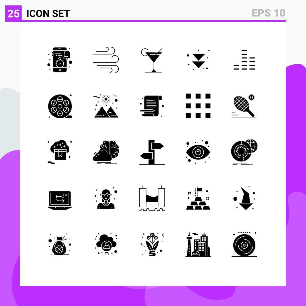 conjunto de pictogramas de 25 glifos sólidos simples de música de cóctel de jugador real hacia adelante elementos de diseño vectorial editables vector