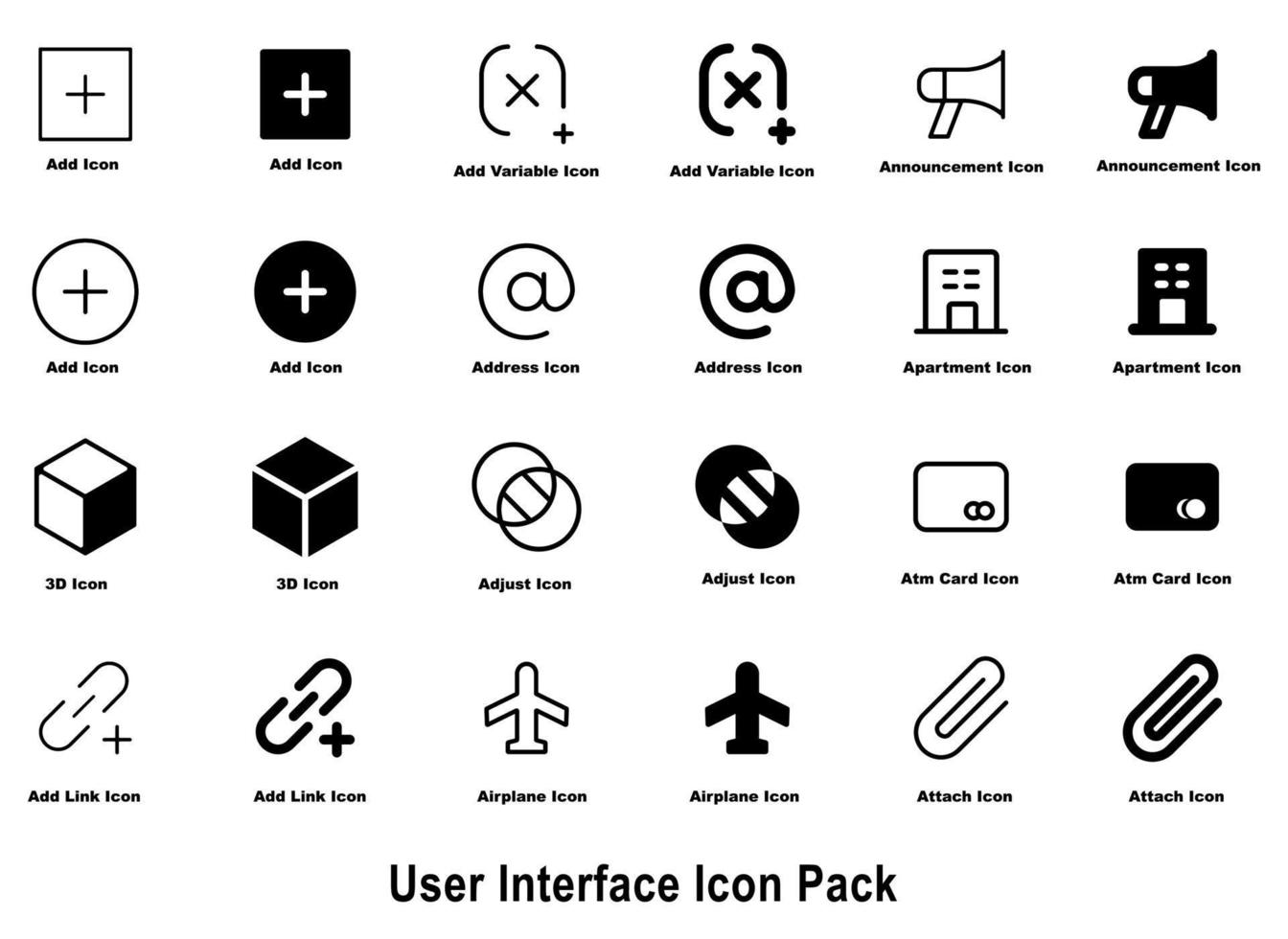 24 of set User Interface Icons Pack, Apartment, Atm Card, Airplane, Attach, Add, 3d, add link, adjust, address, add variable, Announcement Icons illustration design. vector