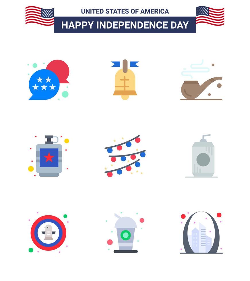 9 paquete plano de estados unidos de signos y símbolos del día de la independencia de la decoración de la fiesta tubería líquida bebida de cadera elementos de diseño vectorial editables del día de estados unidos vector