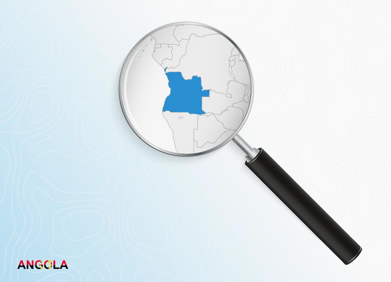 Magnifier with map of Angola on abstract topographic background. vector