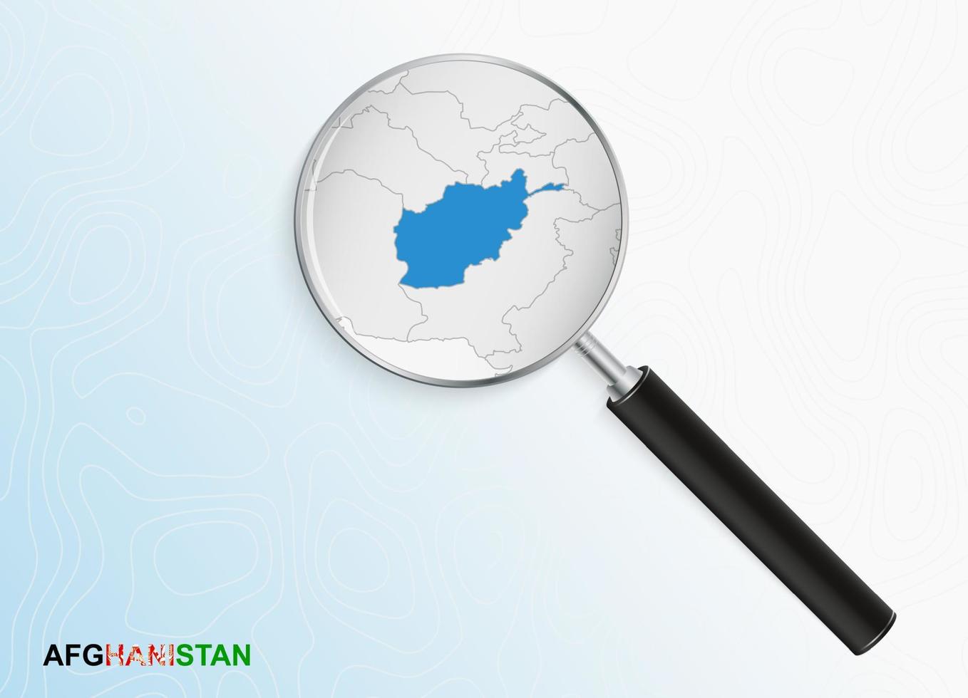 Magnifier with map of Afghanistan on abstract topographic background. vector