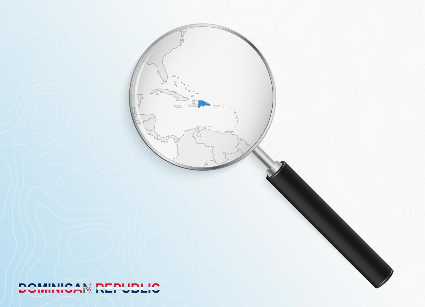 Magnifier with map of Dominican Republic on abstract topographic background. vector