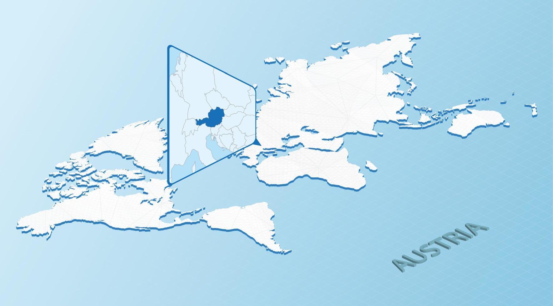 mapa mundial en estilo isométrico con mapa detallado de austria. mapa de austria azul claro con mapa del mundo abstracto. vector