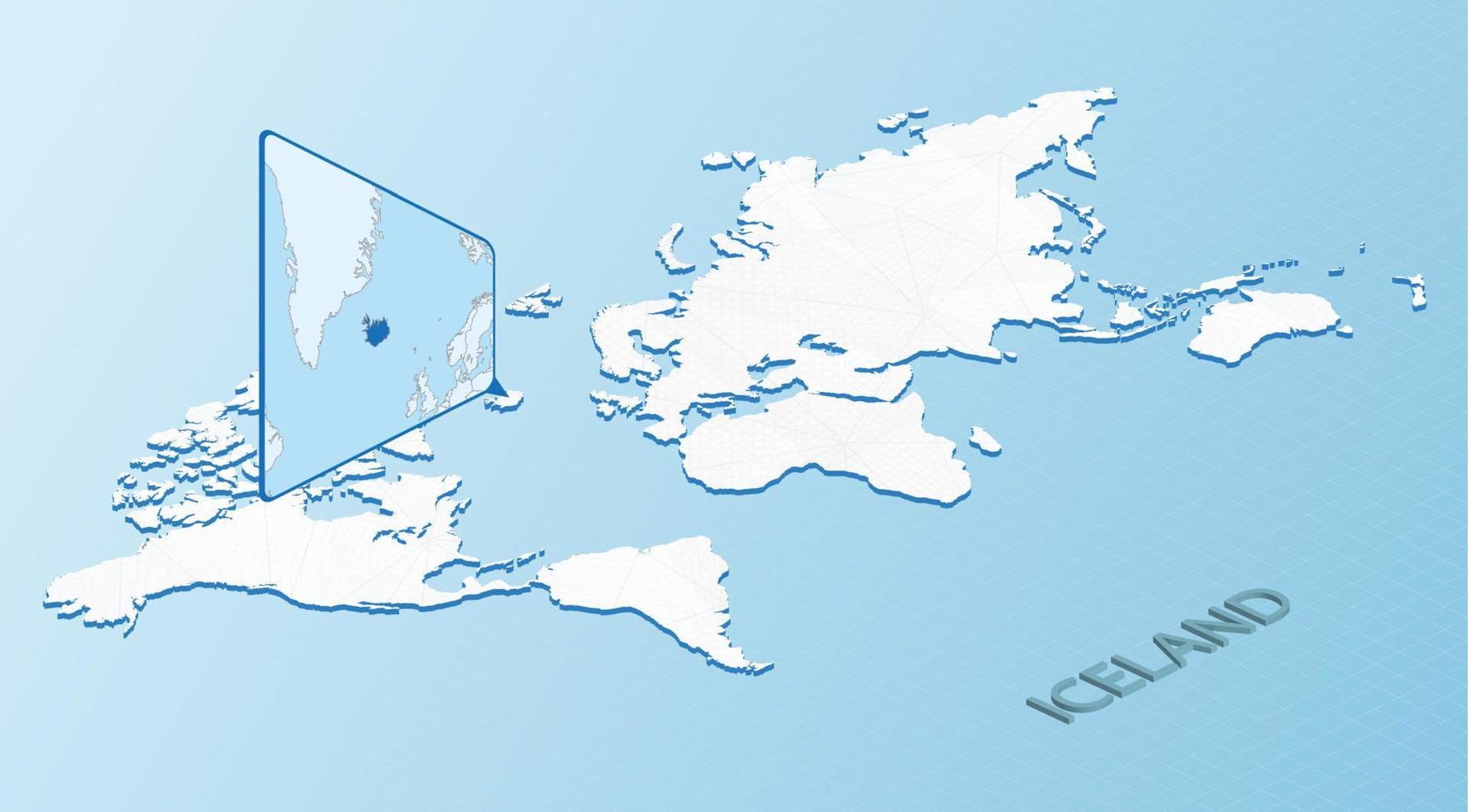 mapa mundial en estilo isométrico con mapa detallado de islandia. mapa azul claro de islandia con un mapa del mundo abstracto. vector