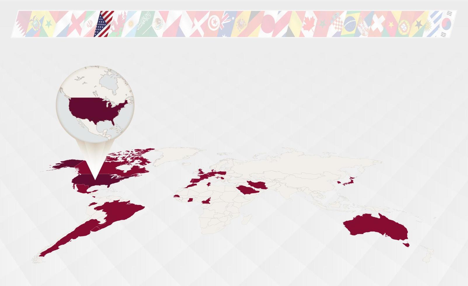 ampliar el mapa de estados unidos seleccionado en el mapa mundial en perspectiva, infografías sobre los participantes en el torneo de fútbol. vector