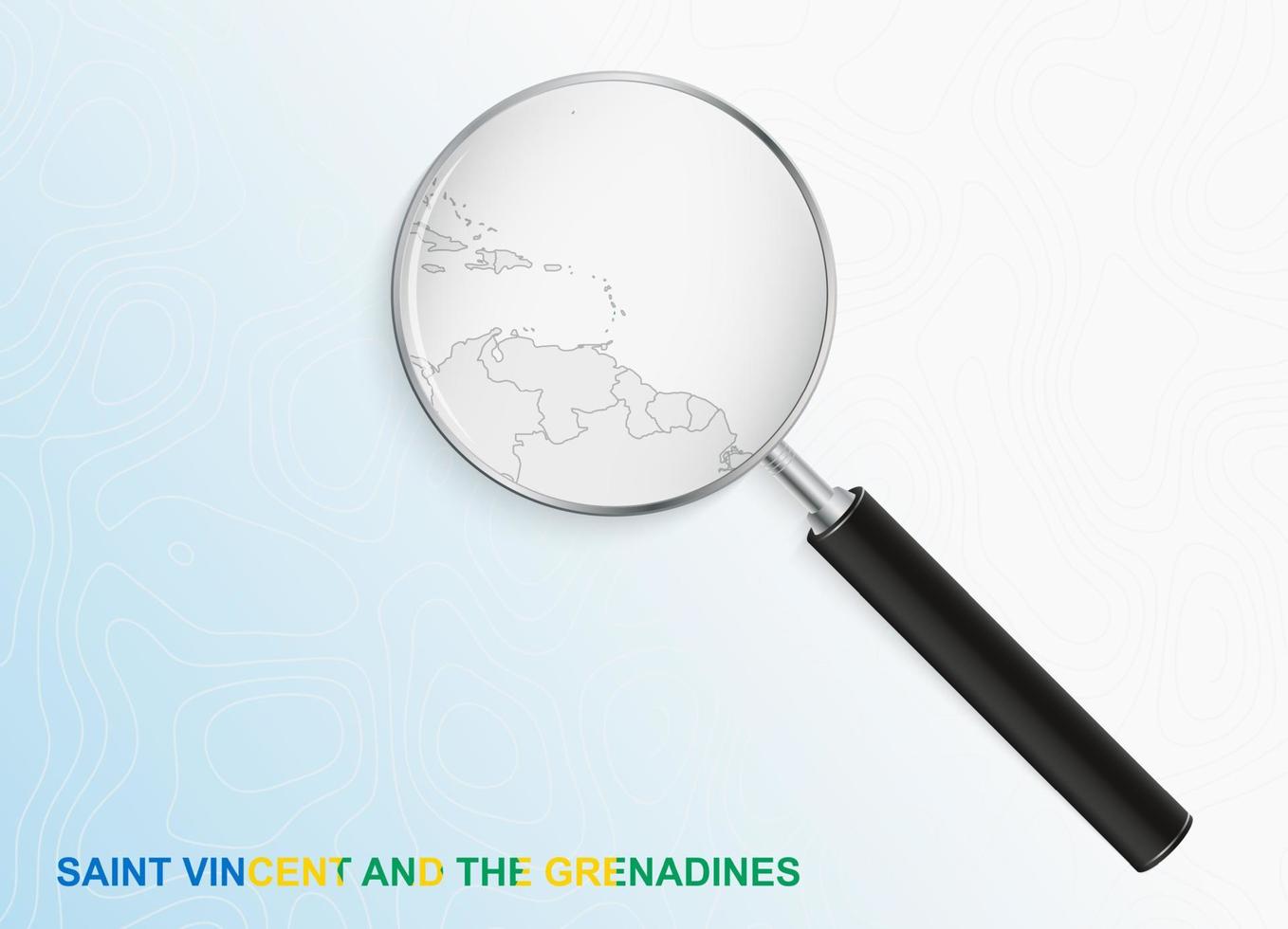 Magnifier with map of Saint Vincent and the Grenadines on abstract topographic background. vector