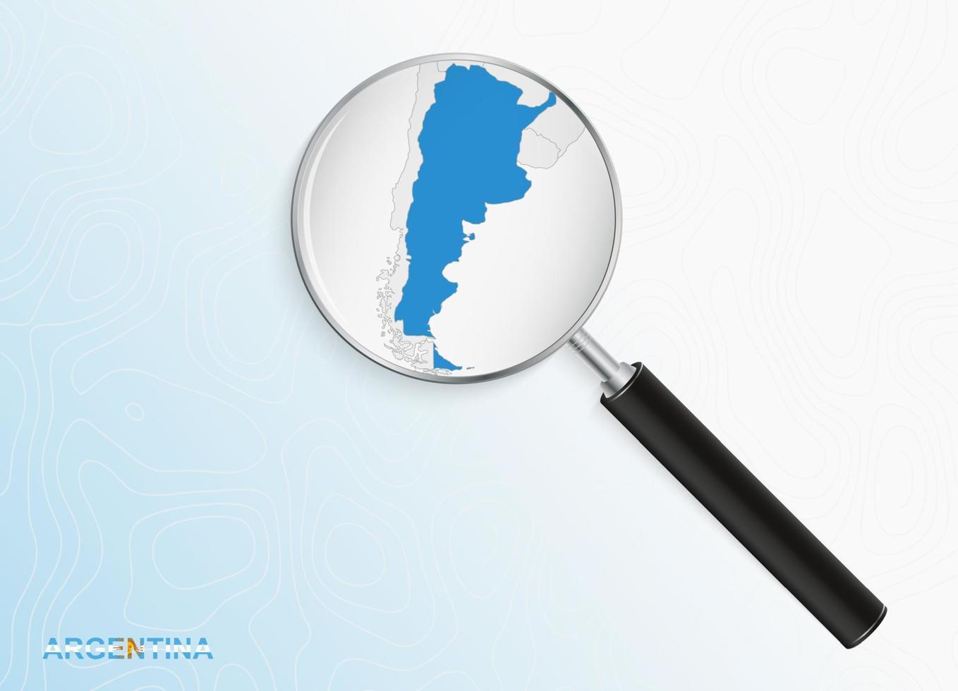 Magnifier with map of Argentina on abstract topographic background. vector