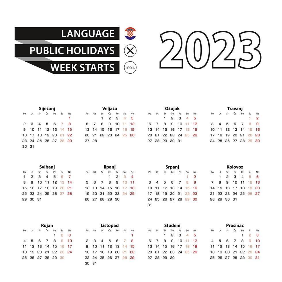 Calendar 2023 in Croatian language, week starts on Monday. vector