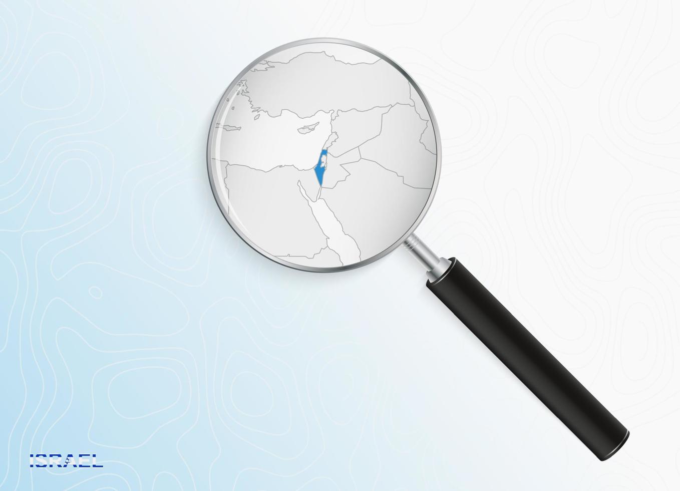 Magnifier with map of Israel on abstract topographic background. vector