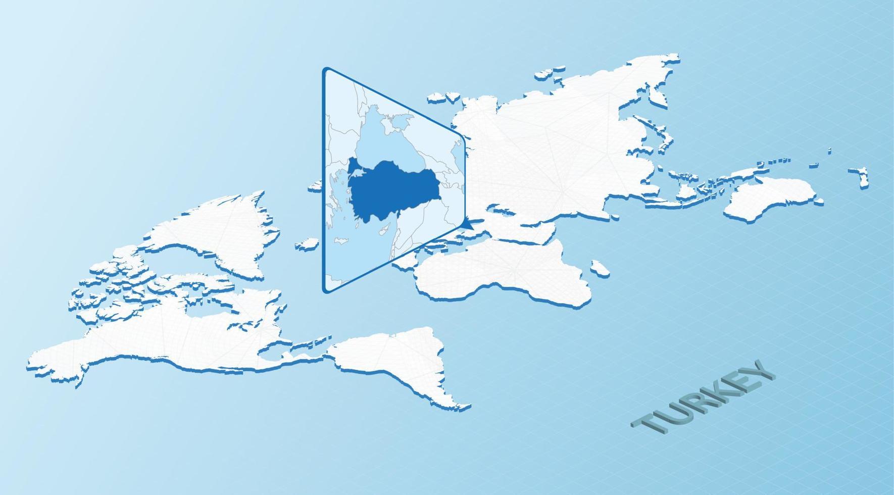 mapa mundial en estilo isométrico con mapa detallado de turquía. mapa de pavo azul claro con mapa del mundo abstracto. vector