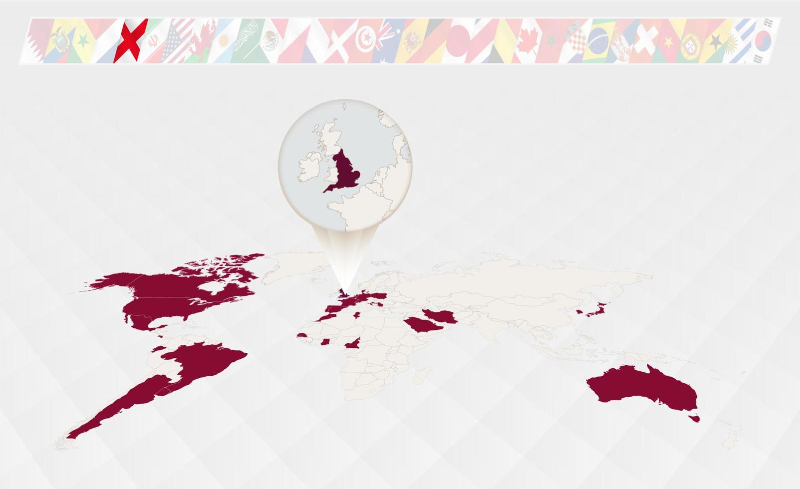 Enlarge the map of England selected on the perspective world map, Infographics about the participants in soccer tournament. vector