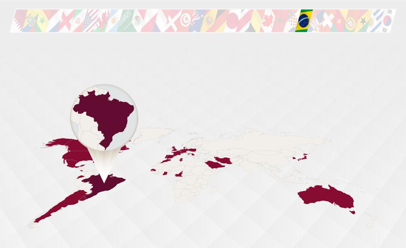 Enlarge the map of Brazil selected on the perspective world map, Infographics about the participants in soccer tournament. vector