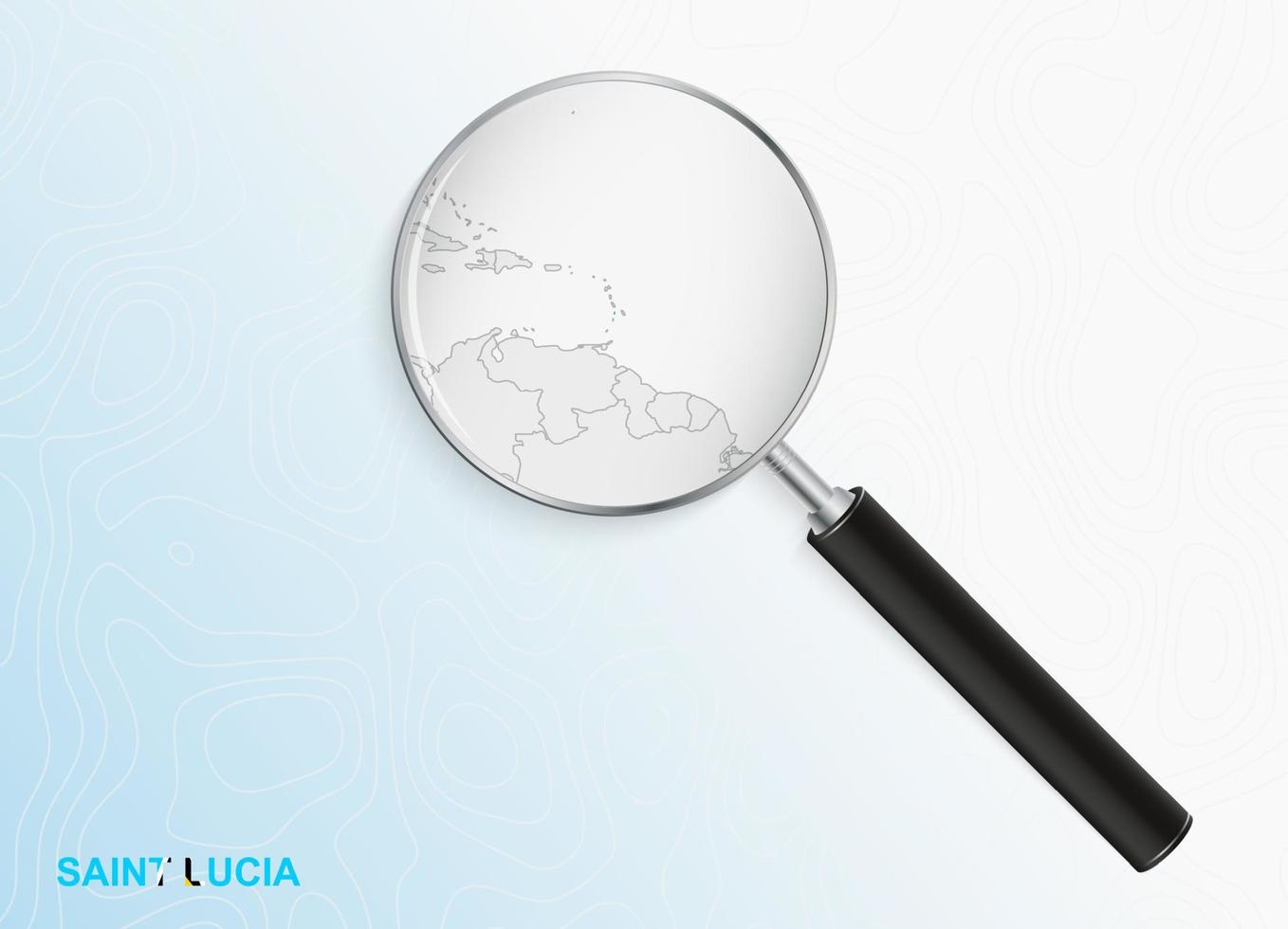 Magnifier with map of Saint Lucia on abstract topographic background. vector