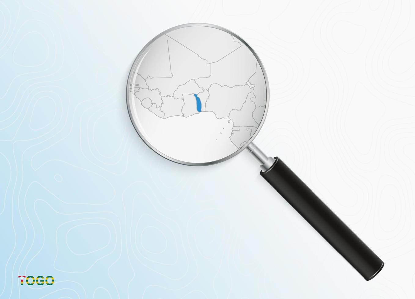 Magnifier with map of Togo on abstract topographic background. vector