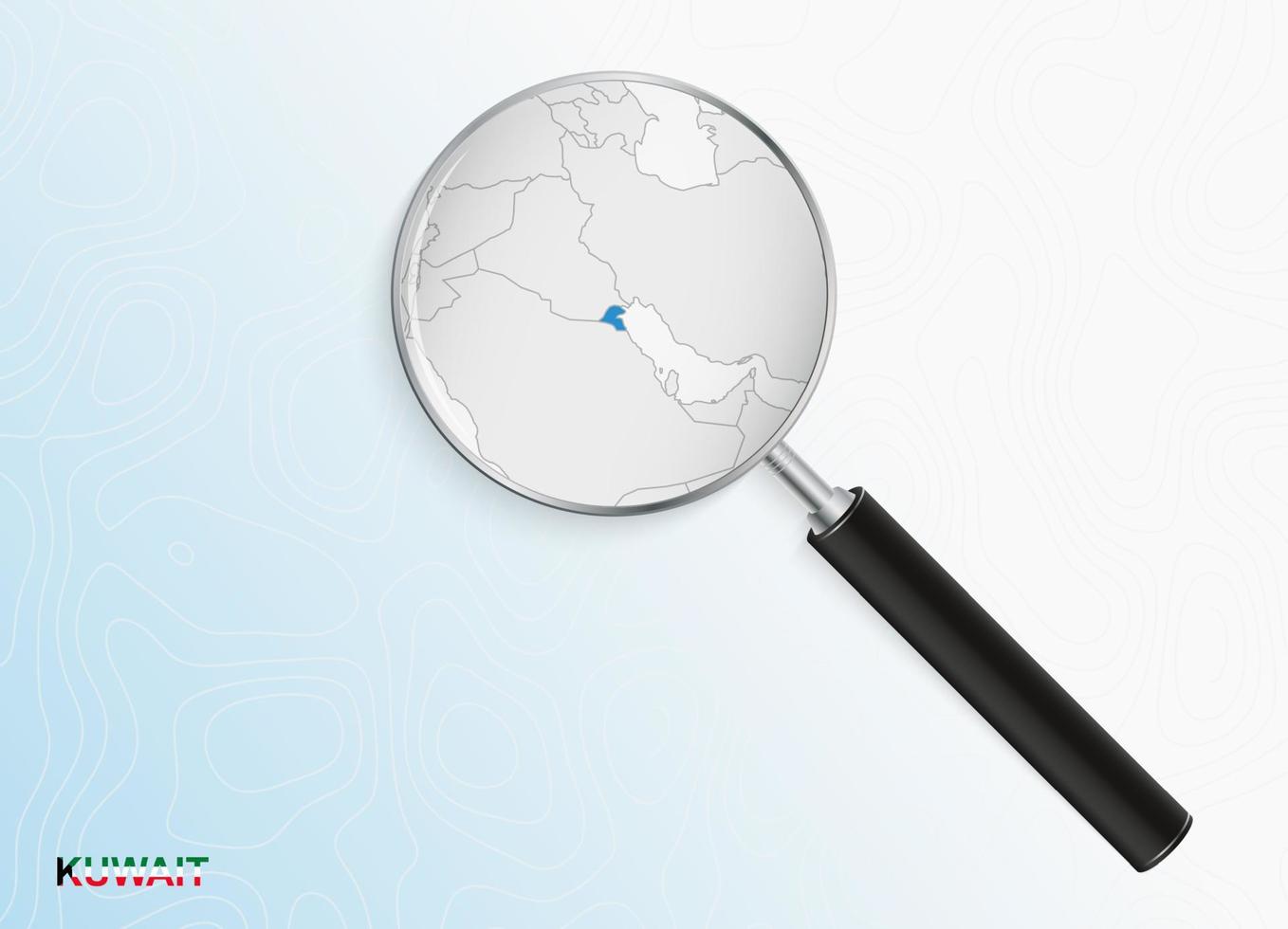 Magnifier with map of Kuwait on abstract topographic background. vector