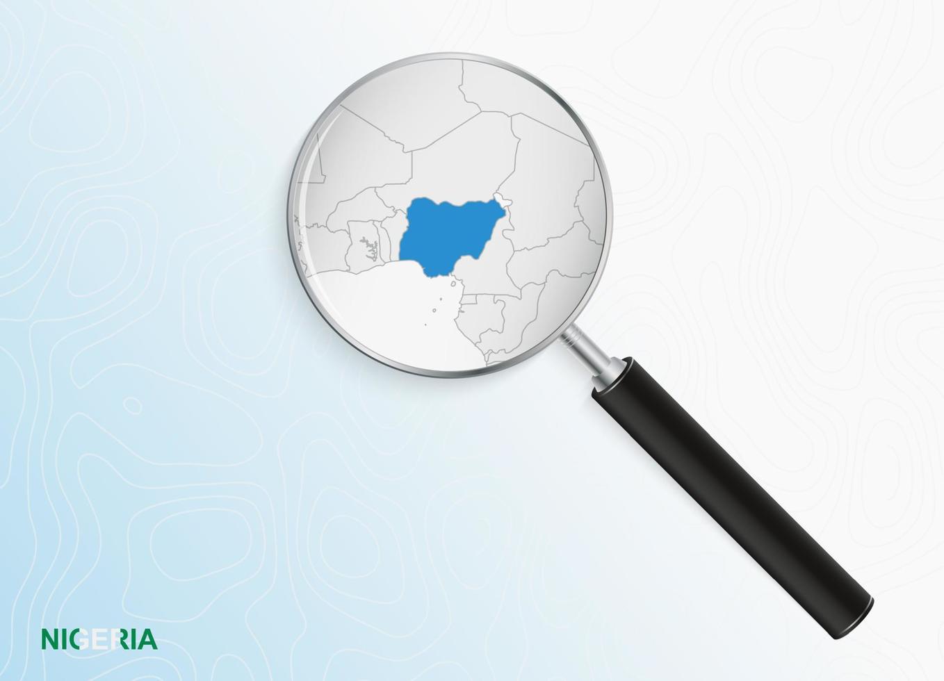 Magnifier with map of Nigeria on abstract topographic background. vector