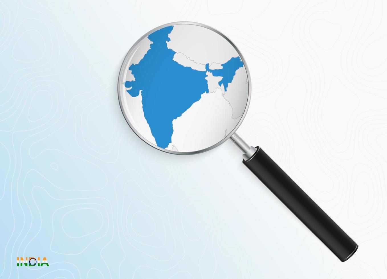 Magnifier with map of India on abstract topographic background. vector