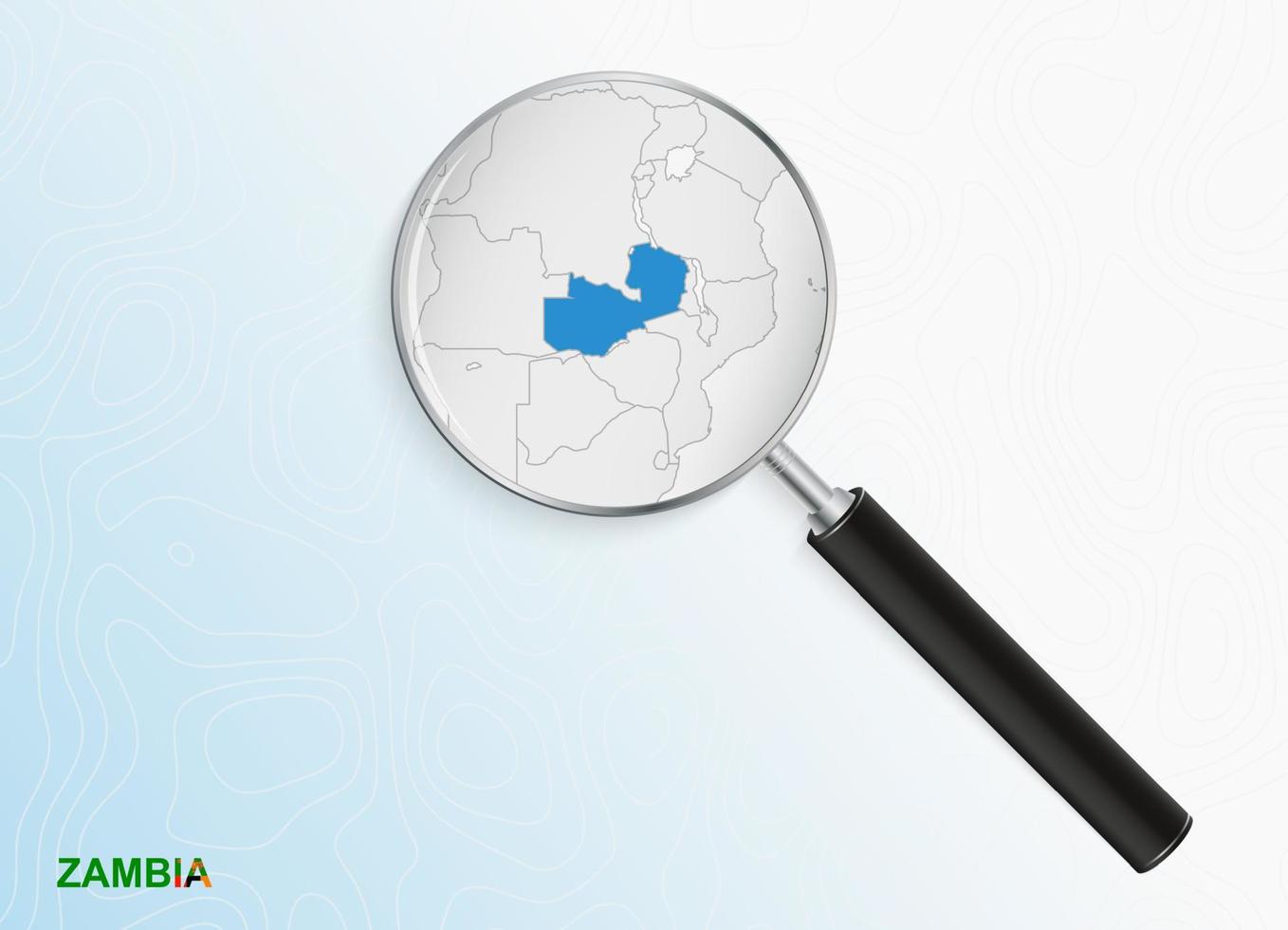 Magnifier with map of Zambia on abstract topographic background. vector