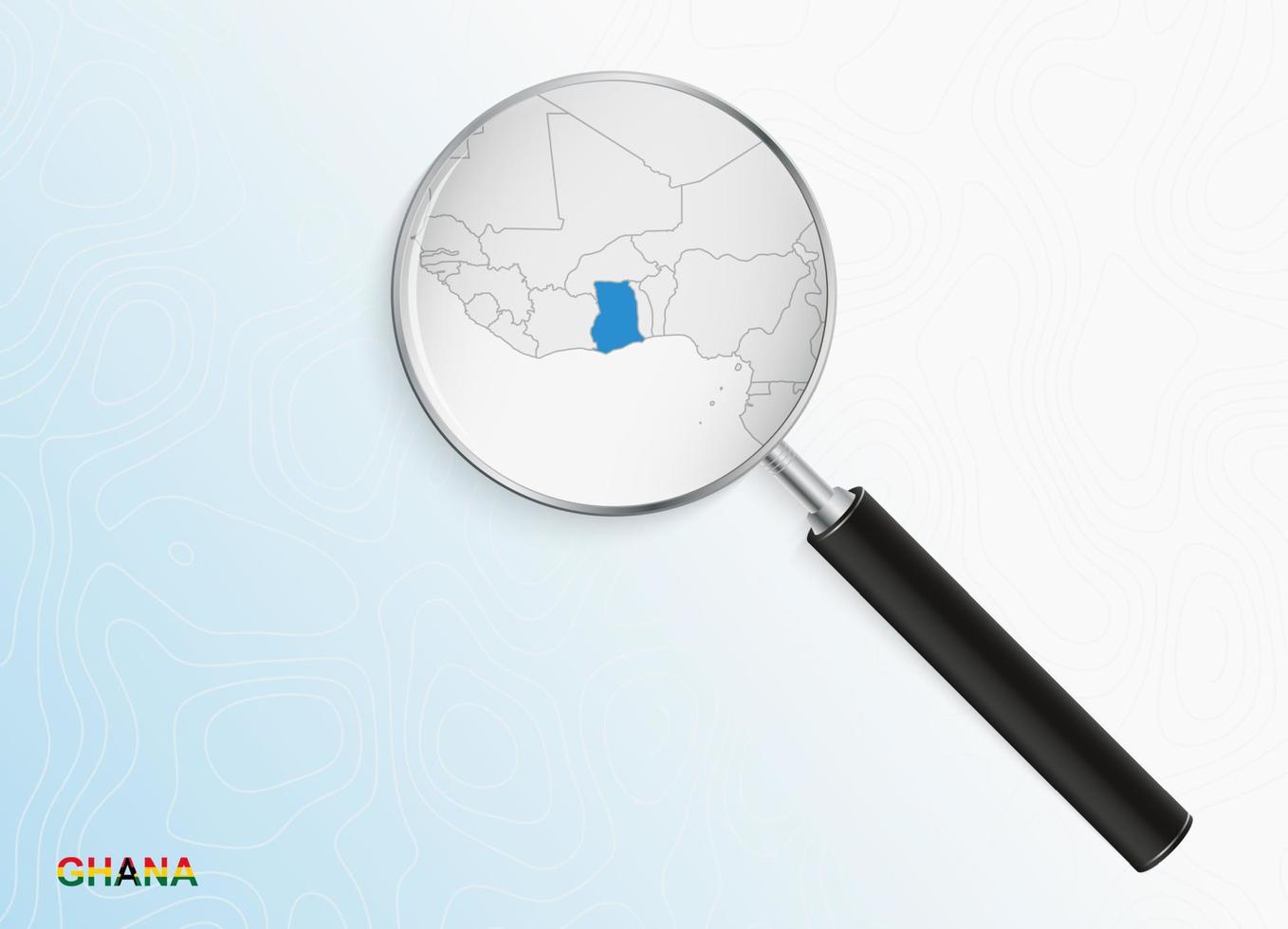 Magnifier with map of Ghana on abstract topographic background. vector