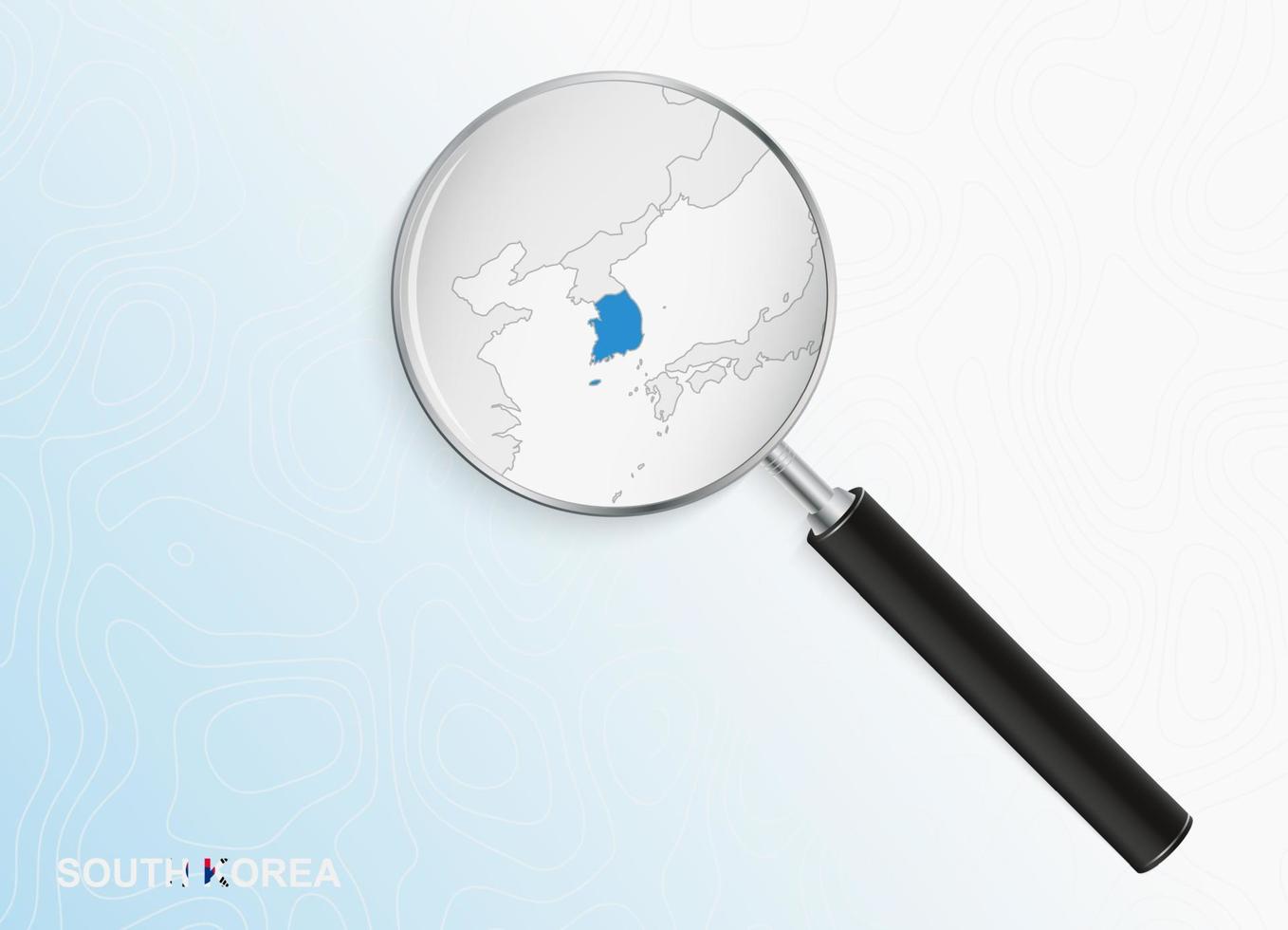 Magnifier with map of South Korea on abstract topographic background. vector