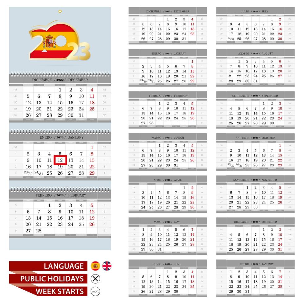 Spanish and English language calendar for 2023 year. Week starts from Monday. vector