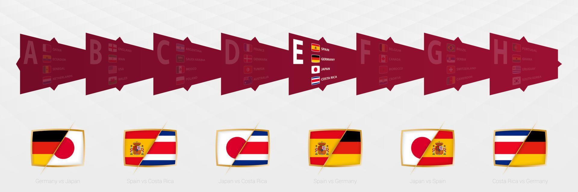 versus íconos de todos los partidos del grupo e, conjunto de íconos de la competencia de fútbol 2022. vector