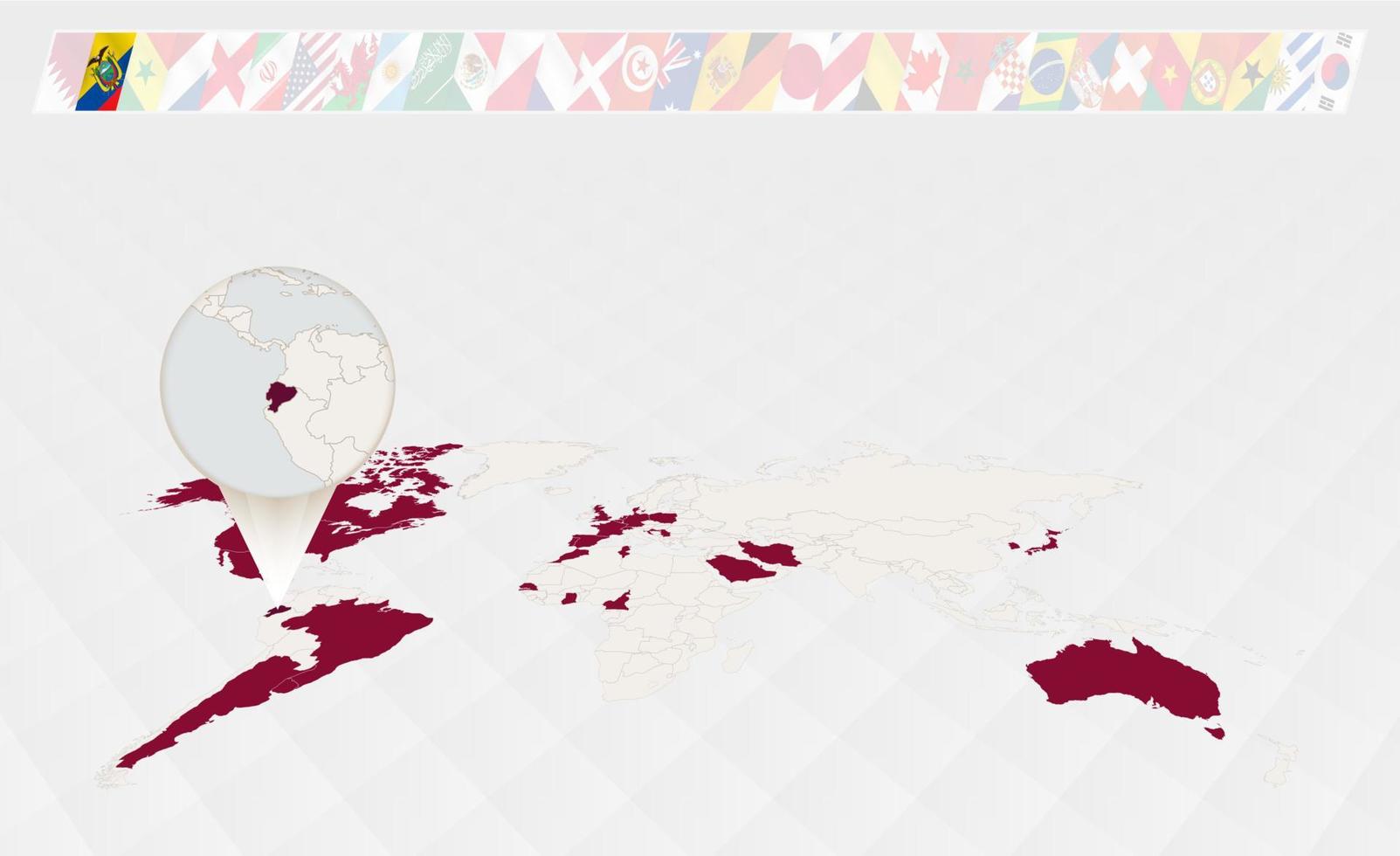 ampliar el mapa de ecuador seleccionado en el mapa mundial en perspectiva, infografías sobre los participantes en el torneo de fútbol. vector