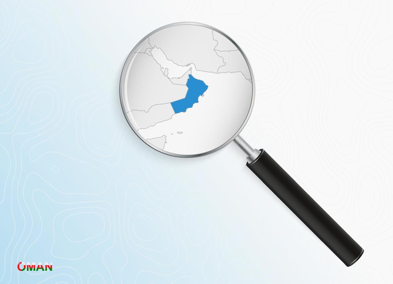 Magnifier with map of Oman on abstract topographic background. vector