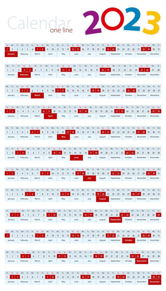One line calendar for 2023 year. vector