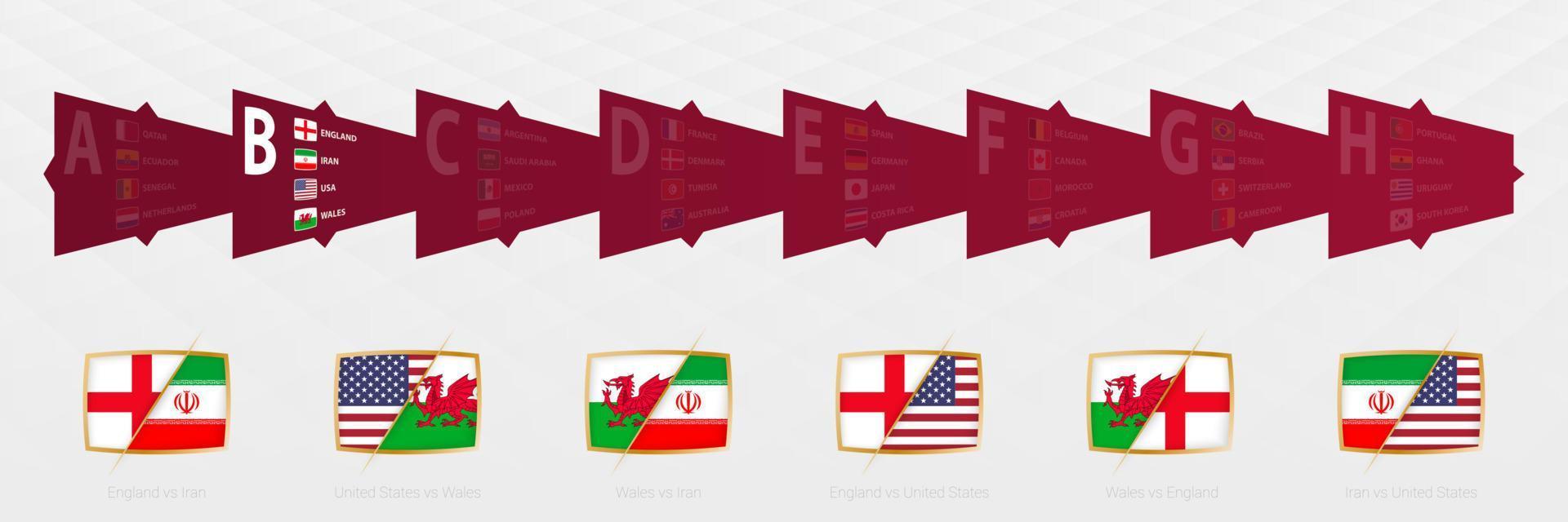 Versus icons of all Group B matches, Football Competition 2022 icon set. vector