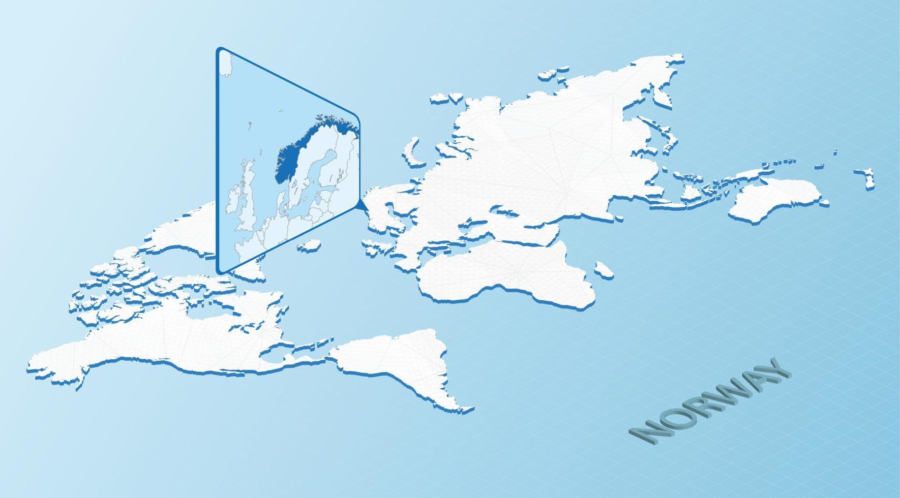 mapa mundial en estilo isométrico con mapa detallado de noruega. mapa de noruega azul claro con mapa del mundo abstracto. vector