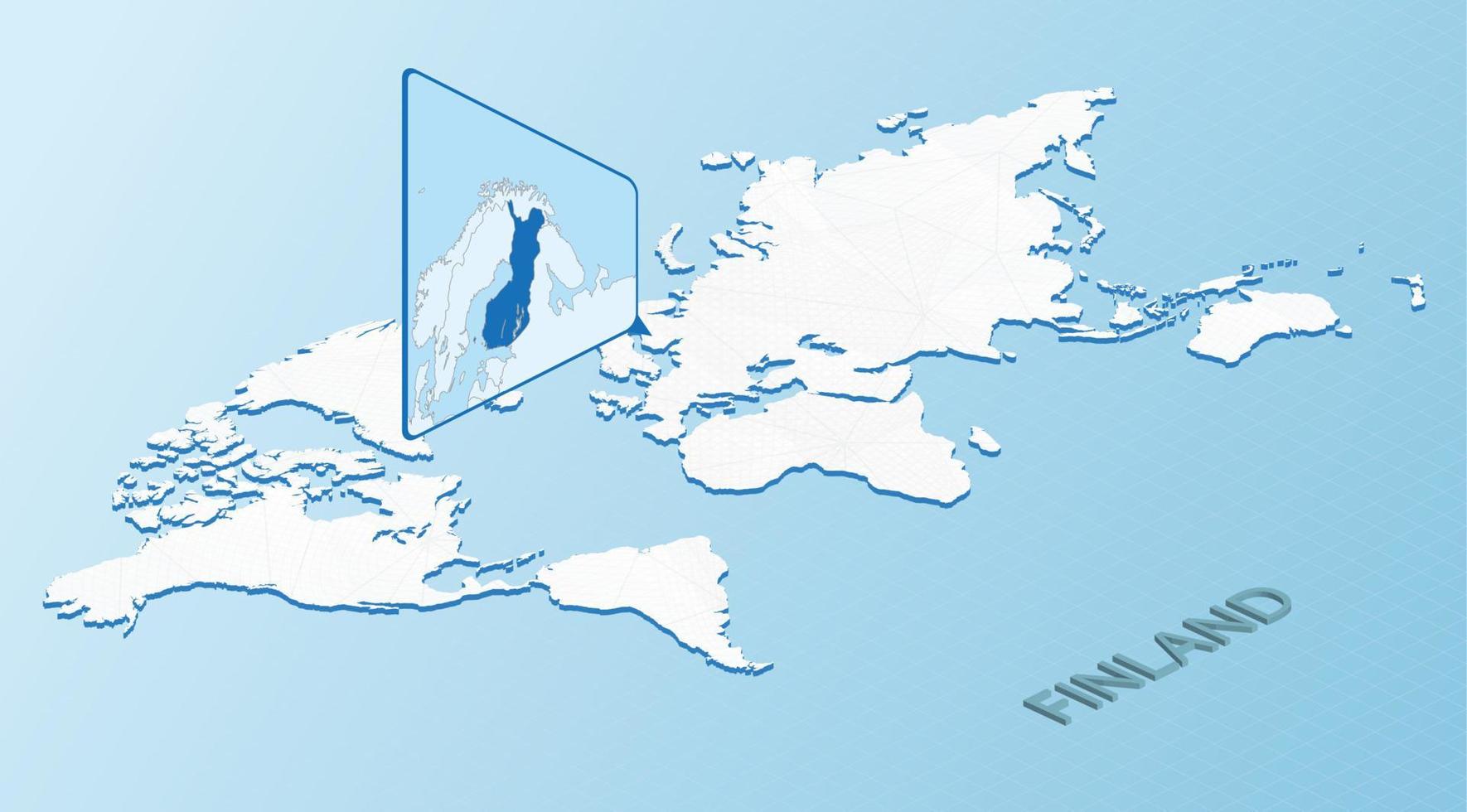 mapa mundial en estilo isométrico con mapa detallado de finlandia. mapa de finlandia azul claro con mapa del mundo abstracto. vector