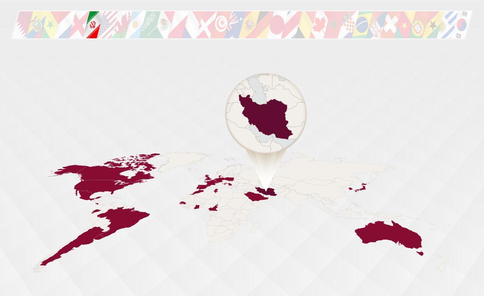 Enlarge the map of Iran selected on the perspective world map, Infographics about the participants in soccer tournament. vector