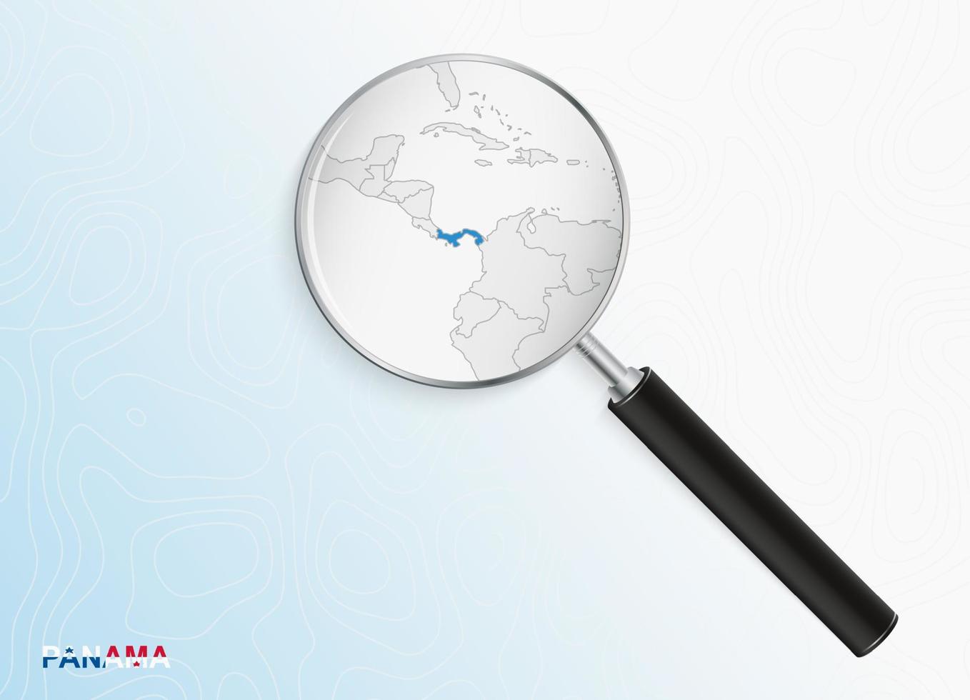 Magnifier with map of Panama on abstract topographic background. vector